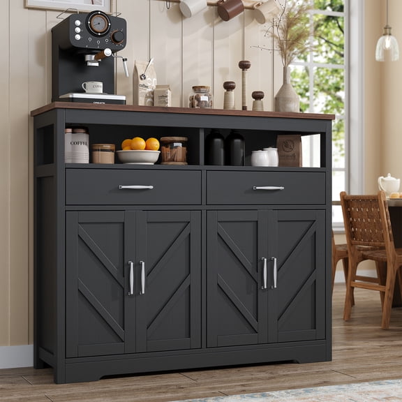 Buffet Sideboard with Storage Farmhouse with 4 Doors, 47'' Large Kitchen Storage Cabinet Wood Coffee Bar Cabinet Buffet Table with Shelves for Kitchen, Dining Room, Entryway, Black