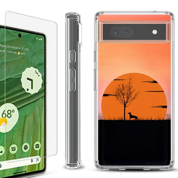 Shockproof Bumper Phone Case for Google Pixel 6a, with Tempered Glass Screen Protector, by OneToughShield ® - Sunset Dachshund