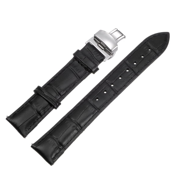 Uxcell Cowhide Leather Band Deployment Buckle Watch Strap 17mm Leather Strap, Black, Silver