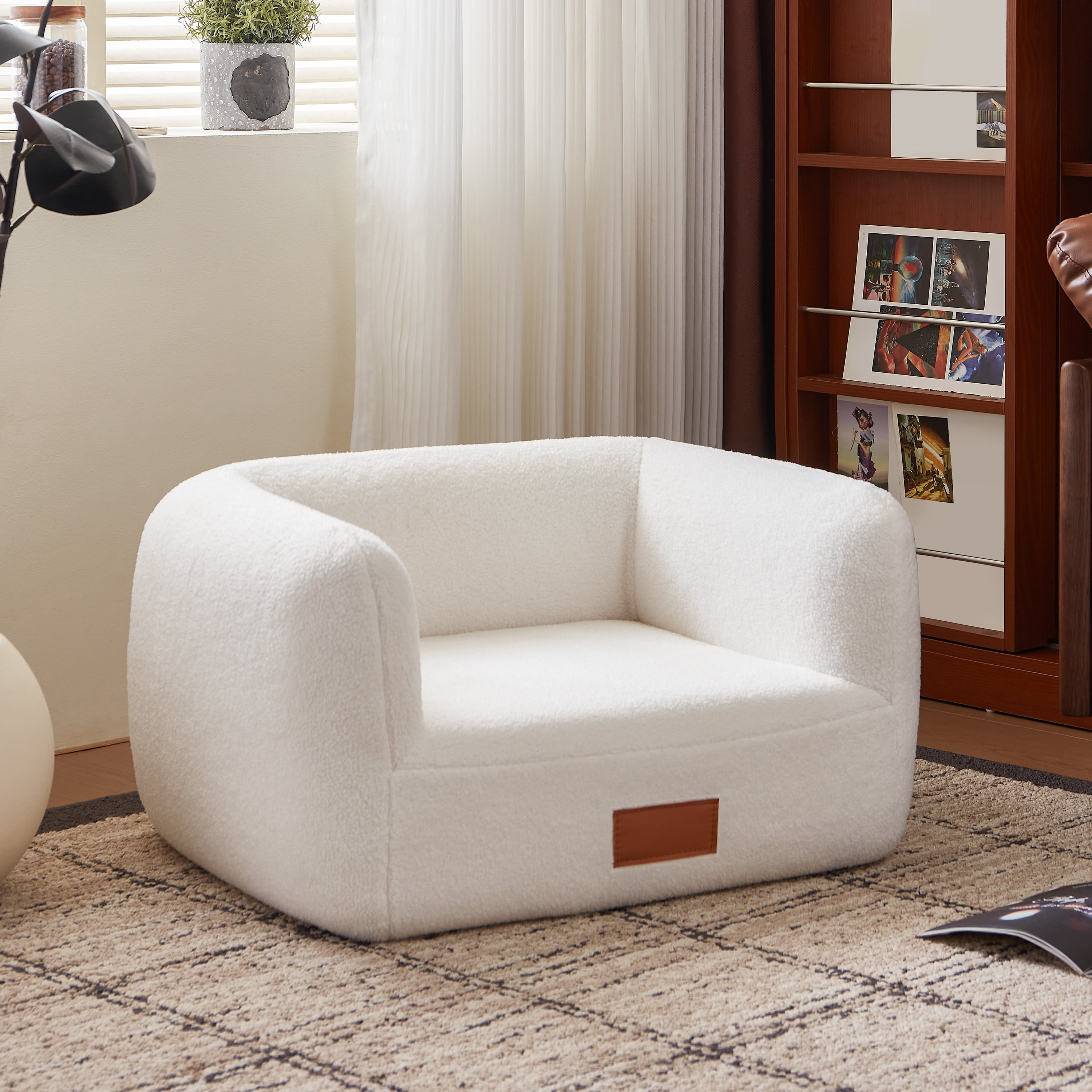 25.6''W White Modern Elegant Faux Shearling Dog Bed Cat Bed for Medium Pets under 35lbs, Luxury Indoor Pet Bed Furniture Style Orthopedic Elevated Dog Sofa Pet Couch with Leather Nameplate