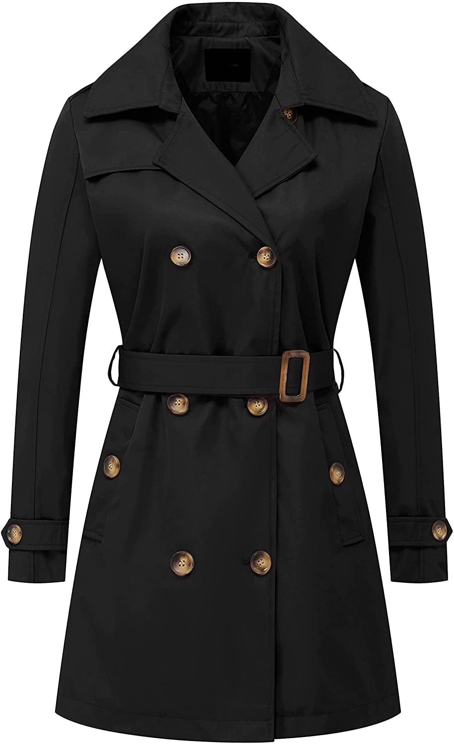 Women's Double Breasted Trench Coats Mid-Length Belted Overcoat Long Dress Jacket with Detachable Hood 