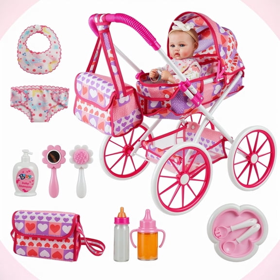 RSG 10 Pcs Baby Doll Stroller Set with Feeding Doll Accessories, Toys for 12-16 inch Dolls, Pretend Play Feeding Toy for Toddlers (Not Doll)