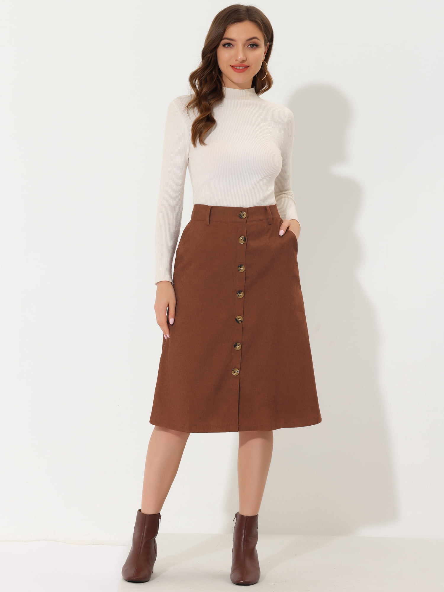 DARING DIVA Women's A-Line Button Front Belted Midi Skirts XS Brown