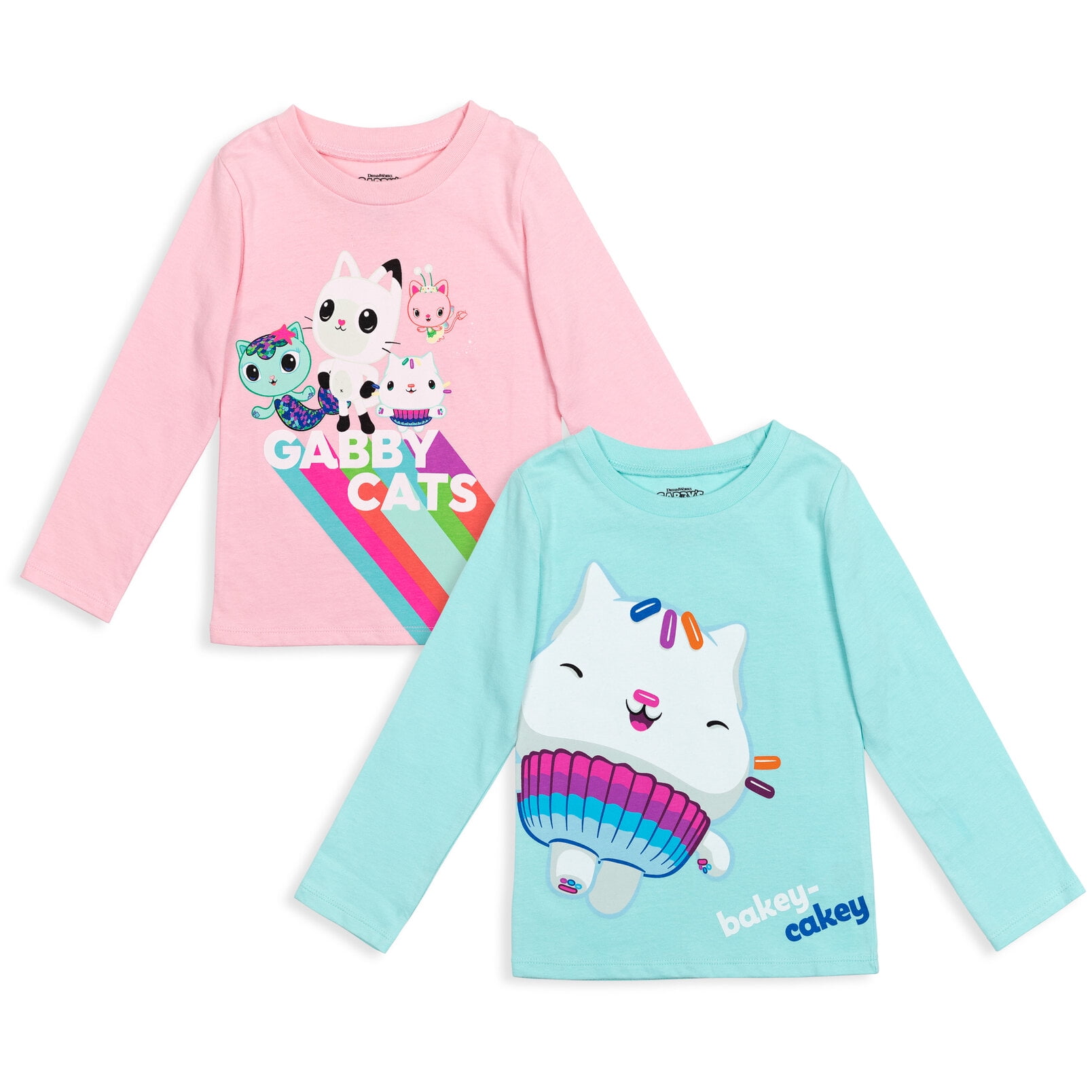 Dreamworks Gabby's Dollhouse Pandy Paws MerCat Cakey Cat Toddler Girls 2 Pack Long Sleeve T