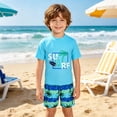 thumbnail image 2 of Rggeeun Toddler Boys Swimsuit Set 2Pc Cute Coconut Tree Print Short Sleeve Crew Neck Top & Elastic Waist Above Knee Trunks for Summer Splash Fun Kawaii Swim Wear,Multicolor,7-8 Years, 2 of 7