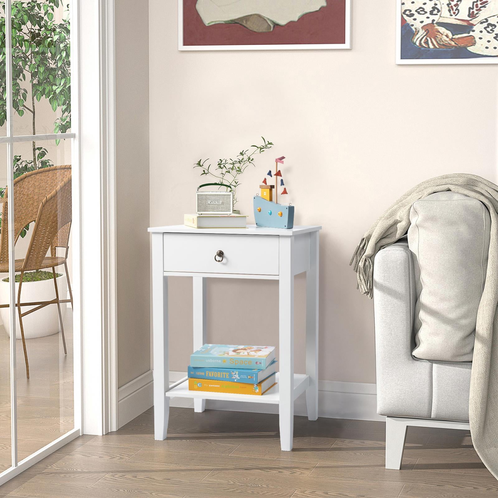 Ktaxon Wooden Side End Table Night Stand Storage Shelf with Bin Drawer Night Stand Sets of 2,White