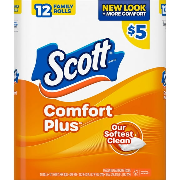 Scott® ComfortPlus 1-Ply Toilet Paper, 1-1/8" x 1-1/8", 173 Sheets Per Roll, Pack Of 12 Rolls