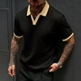 thumbnail image 2 of Men's Textured Knit Polo Shirt, Contrast Collar V Neck Short Sleeve Casual Top for Everyday Wear Black, 2 of 5