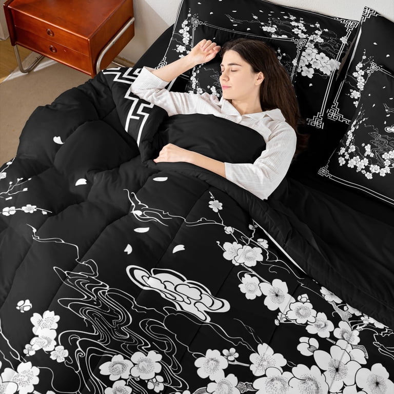 Erosebridal Cherry Blossoms Bedding Sets King Size,Black White Bed