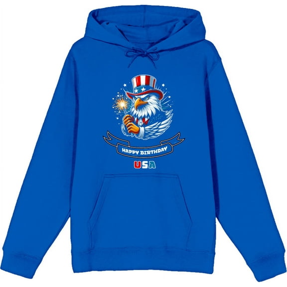 Americana Happy Birthday USA Royal Blue Adult Long Sleeve Hoodie-Medium