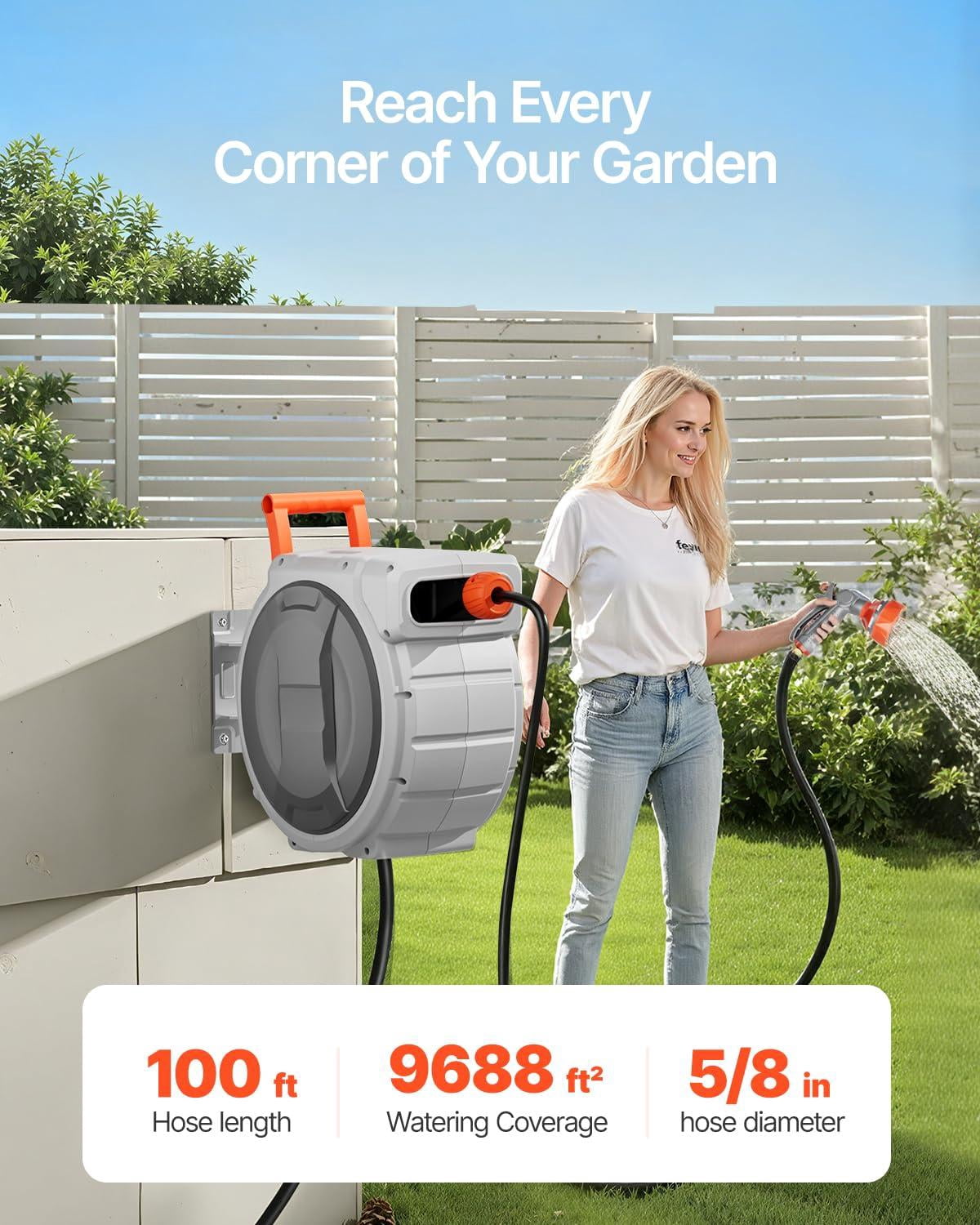 Retractable Garden Hose Reel  5/8 Inch X 100 Ft Wall Mounted Heavy Duty With 9 Patterns Nozzle Any Length Lock Upgraded Slow Return System And 180°swivel Bracket