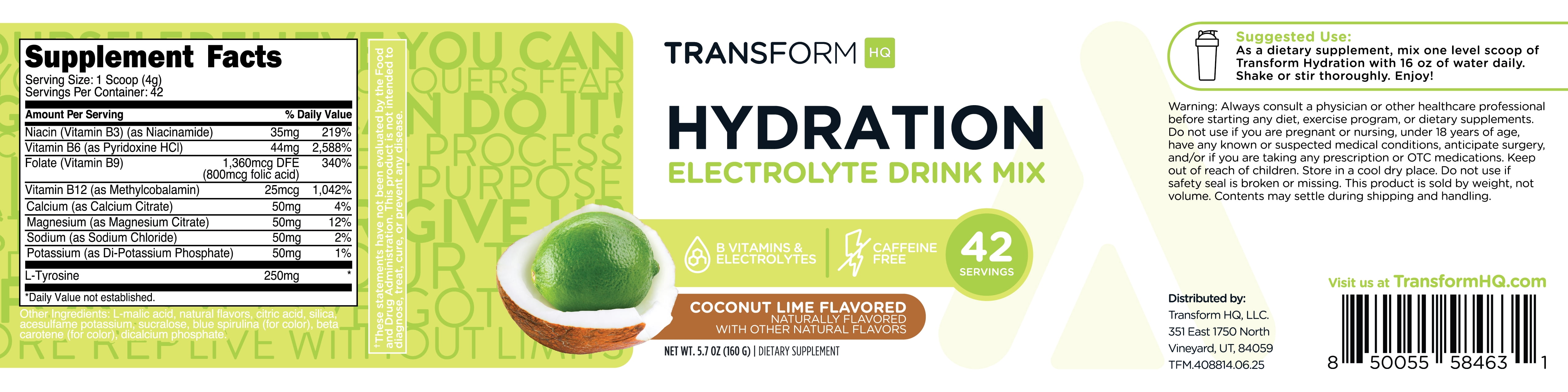 TransformHQ Hydration Electrolyte Drink Mix (Coconut Lime Flavored) - 42 Servings Per Container