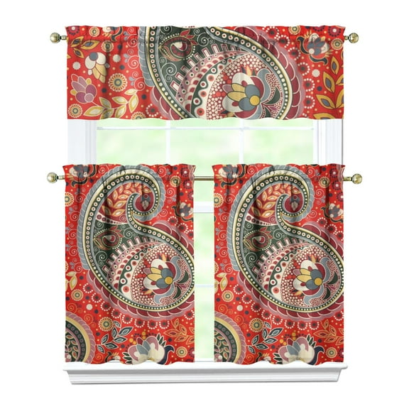 Boho Paisley Design Kitchen Curtains - 3 Piece Set Colorful Floral, Tribal Geometric Tiers with Valance, Semi-Sheer Caf Curtains
