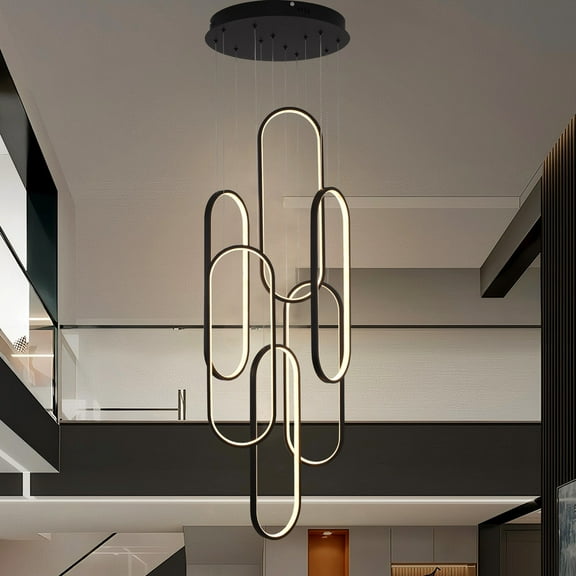 Modern 6-Ring Black LED Chandelier, Large Dimmable Pendant Light with Remote, Adjustable Height Ceiling Fixture for High Ceilings, Dining Room, Foyer
