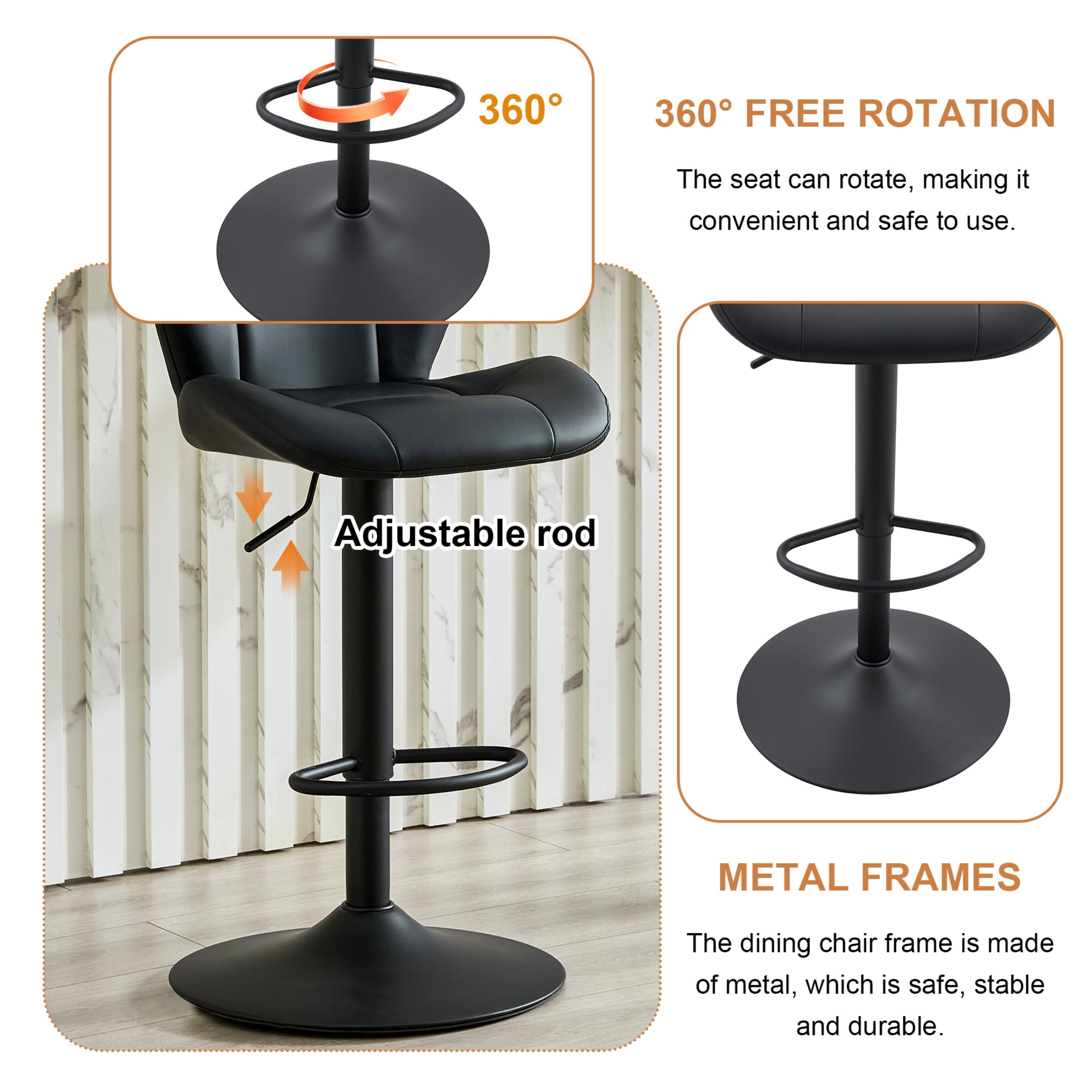 Bar Stools Set of 2, PU Leather Upholstered Adjustable Swivel Barstools, Adjustable Height Bar Chairs with Metal Base & Footrest for Kitchen Island, Pub, Bar - Black