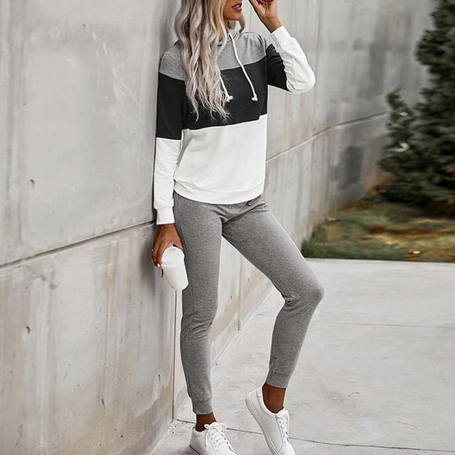 Aqestyerly Ensembles à Manches Longues pour Femmes Ensemble de Survêtement Chandail Col Rond 2 Pcs Sport Sans Capuche