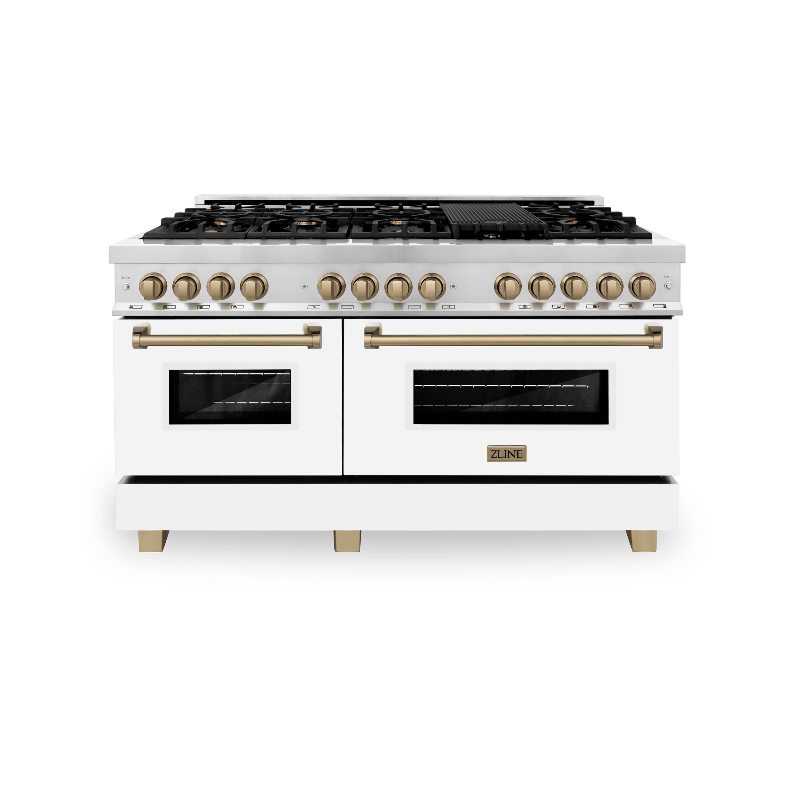 ZLINE Autograph Edition 60" 7.4 cu. ft. Dual Fuel Range with Gas Stove and Electric Oven in Fingerprint Resistant Stainless Steel with White Matte Door and Gold Accents (RASZ-WM-60-G)