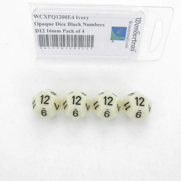 Ivory Opaque Dice with Black Numbers D12 Aprox 16mm (5/8in) Pack of 4 Wondertrail