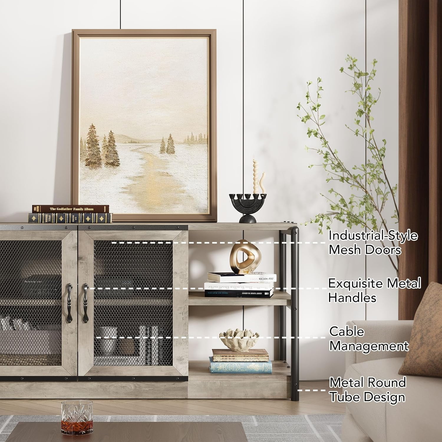 Twister.CK TV Stand for TVs up to 75", Entertainment Center with Storage Cabinet, Rustic TV Media Console Table for Living Room, Gray