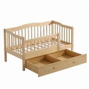 Pine Toddler Bed with Safety Side Rails & Bottom Drawer, Timeless Design for Nursery/Kids Bedroom