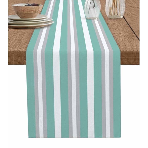Aqua Grey Stripe Table Runner 72 Inches, Minimalist Farmhouse Striped Bed Runner Dresser Scarves Tabletop for Indoor Outdoor Parties/Ceremony/Banquet, 14" x 72"