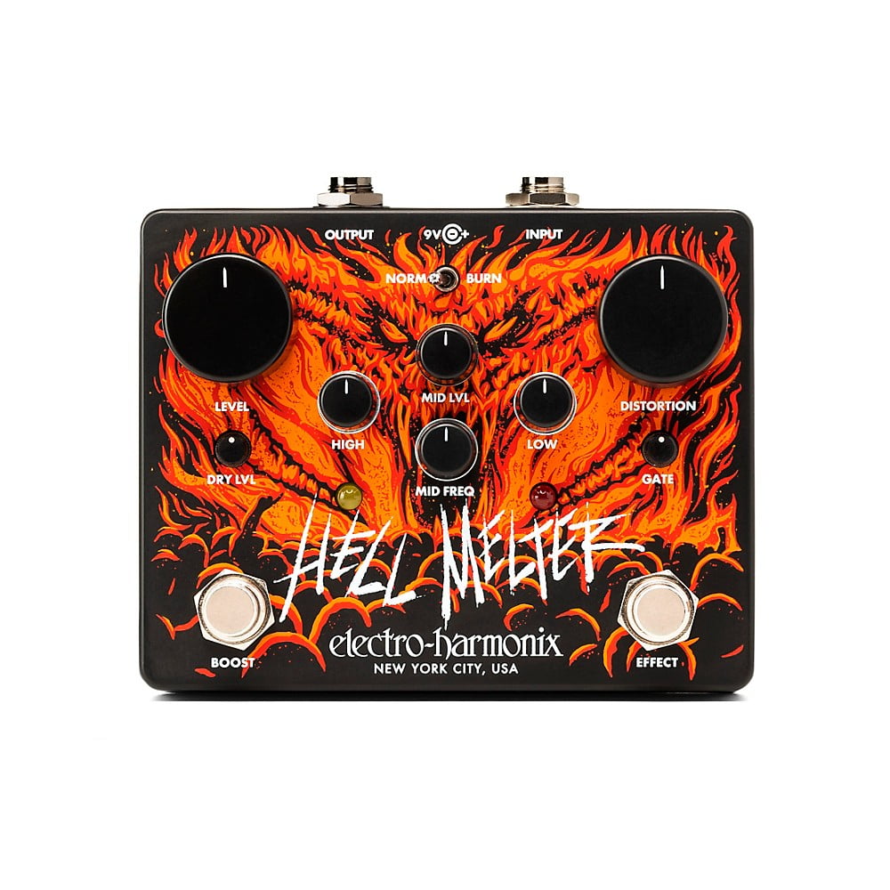 ElectroHarmonix Hell Melter Distortion Effects Pedal Black and Orange