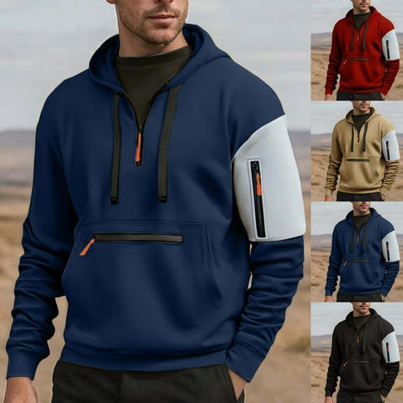 KeShDi Red Hoodie Short Sleeve Hoodie Men's Color Blocked Long Sleeved Hooded Zipper Pullover Hoodie Top Wine 3X