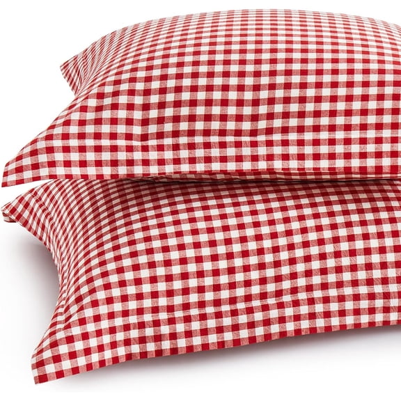 Red White Gingham Pillowcases, 20x26 Inches, Set of 2 | Pure , Standard Size Pillow Shams, 2 Inch , Linen Like Feel