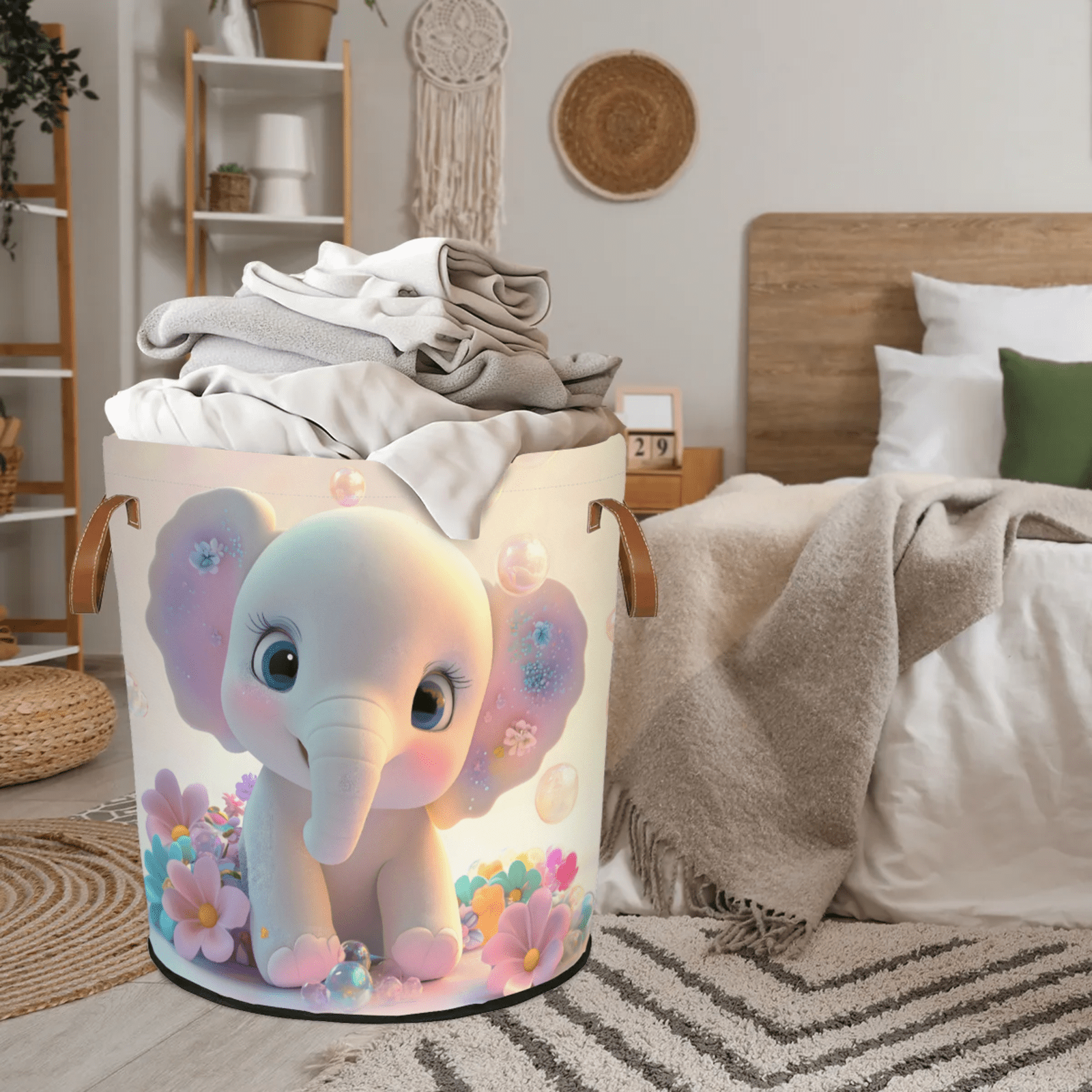 ADECORIVY Cute Baby Elephant Laundry Basket Flowers Waterproof Collapsible Hamper With Handles Oxford Cloth Dirty Clothes Tote for Bathroom, Bedroom, Living Room