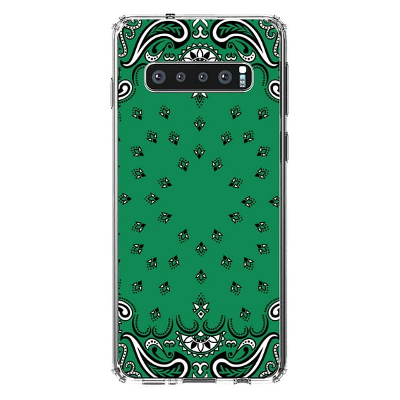 DistinctInk Clear Shockproof Hybrid Case for Samsung Galaxy S10 (6.1" Screen) - TPU Bumper, Acrylic Back, Tempered Glass Screen Protector - Bandana Print - Green, Black, White