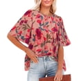 thumbnail image 4 of Blusa de manga corta con cuello redondo, ajuste holgado, diseño plisado, Top informal de verano para mujer para citas, compras diarias, flor gris rosa S, 4 of 6
