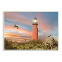 The Stupell Home Decor Collection Bright Red Ponce Inlet Lighthouse with Dense Grassy Dunes at Sunset Wall Plaque Art