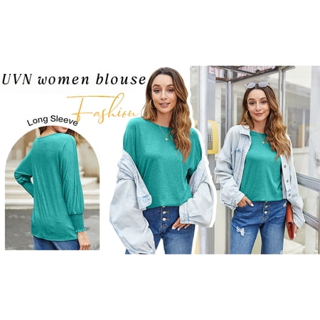 UVN Crewneck Blouse for Women Fall Long Sleeve T-Shirts Casual Tees Ladies Loose Tops