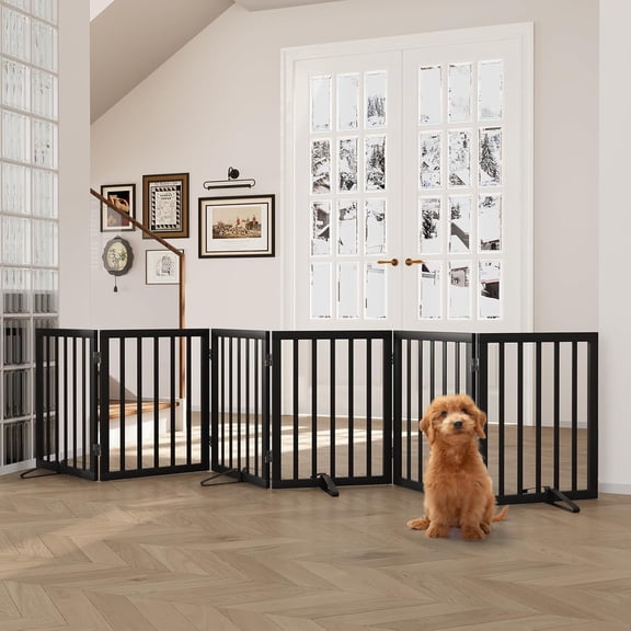 6-Panel Wood Dog Gate, Extra Wide 110" Freestanding Pet Gate w/ 4 Metal Stands for Doorways & Stairs, 24" H Foldable Indoor Dog Fence - Black