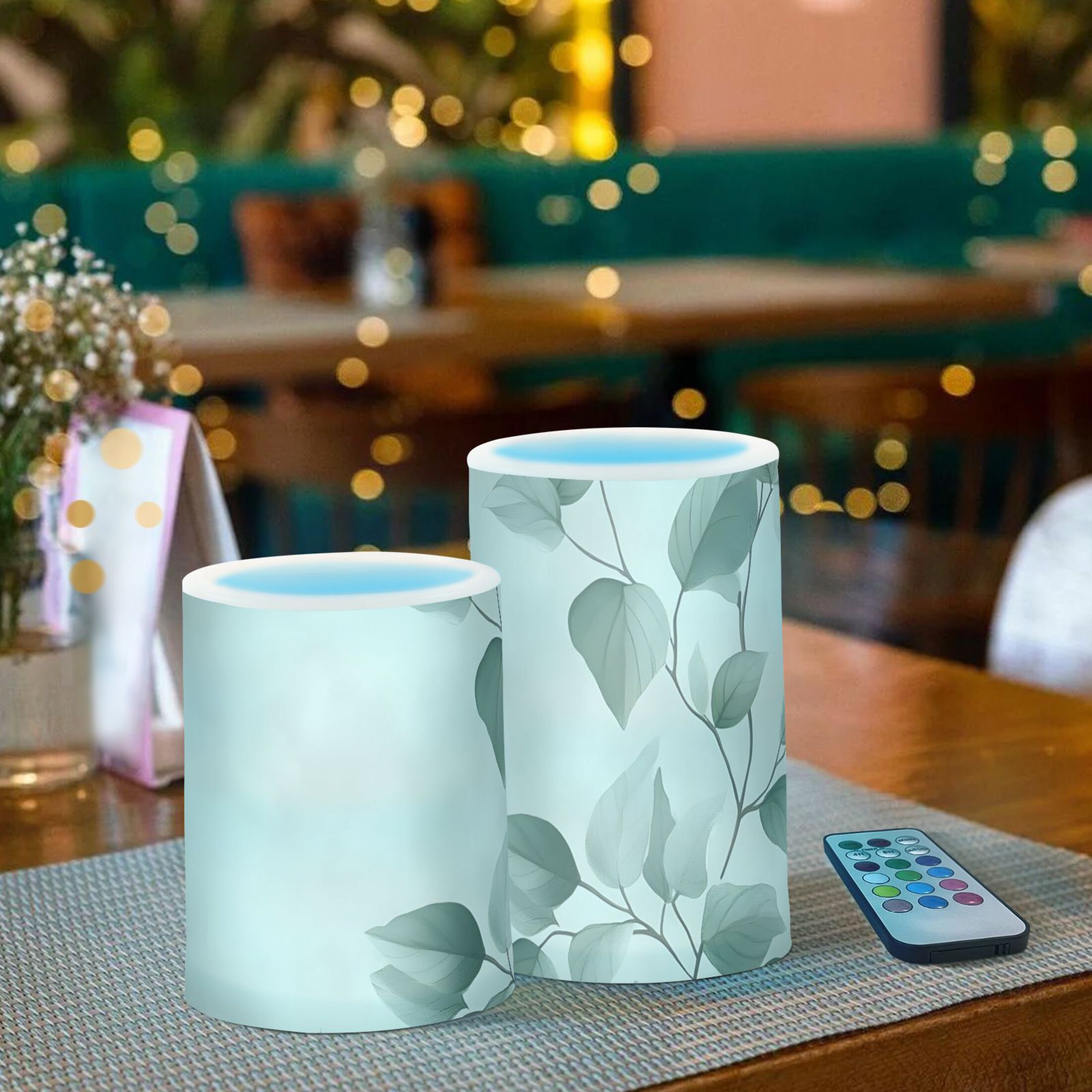 Watercolor Green Leaf Flickering Flameless Candles Battery Operated with Remote Timer LED Pillar Candles Set of 2