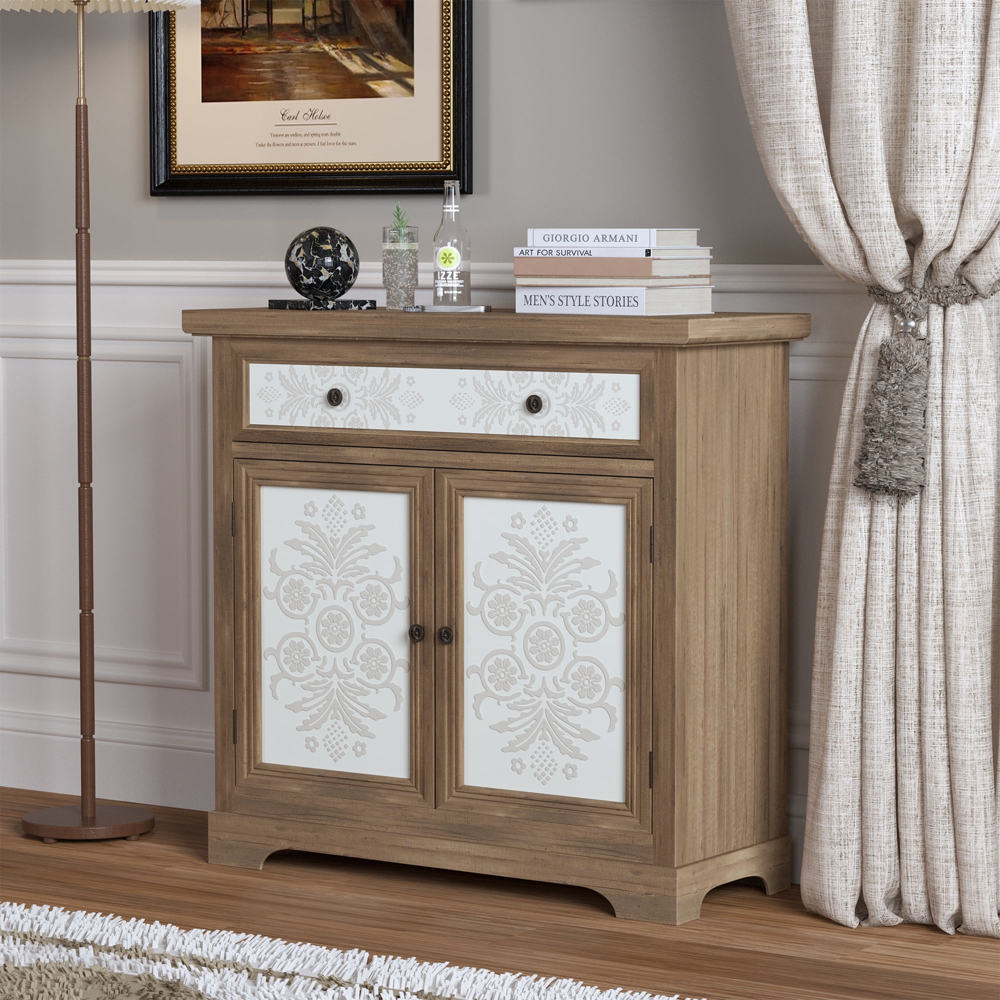 TrumanPick Rustic Vintage Accent Sideboard with Carved Floral Doors, Distressed Wood Storage Cabinet with Drawer, 2-Shelf Farmhouse Organizer for Living Room, Entryway