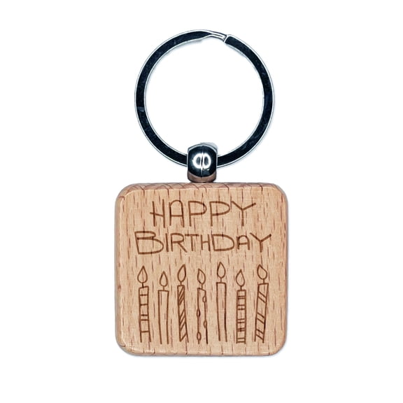 Happy Birthday Candles Fun Celebration Square Keychain Charm Tag - Engraved Wood