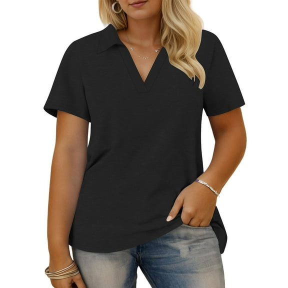 Mgmyaa Women's Plus Size Polo Shirts Oversize Short Sleeve V Neck Summer Tops Business Casual Collared Shirts Loose Tees