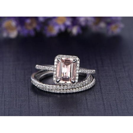 Beautiful 2 Carat Emerald Cut Morganite and Diamond Trio Wedding Ring Set in White