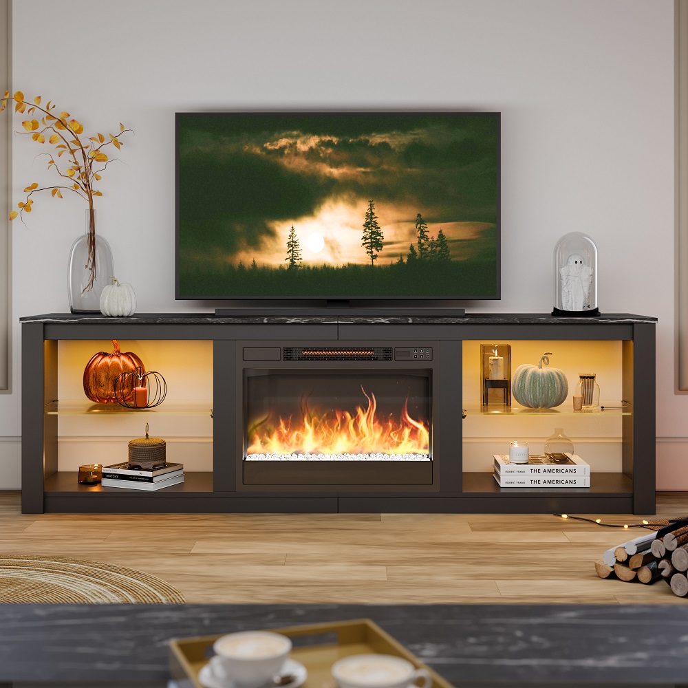 Bestier Electric Fireplace TV Stand for 75inch TV, Farmhouse Entertainment Center with LED Light for Living Room in Black - image 4 of 10