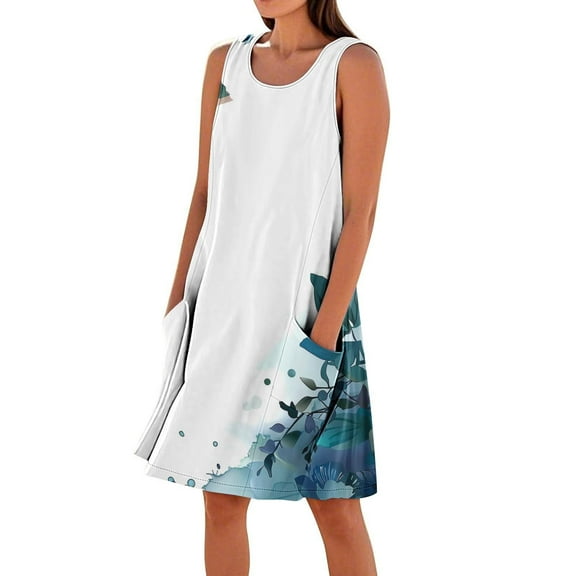 Dazajoo Sundresses for Womens Casual Sleeveless Cotton Linen Dress Flowy Beach Floral Print Dresses with Pockets,Multicolor,XXL