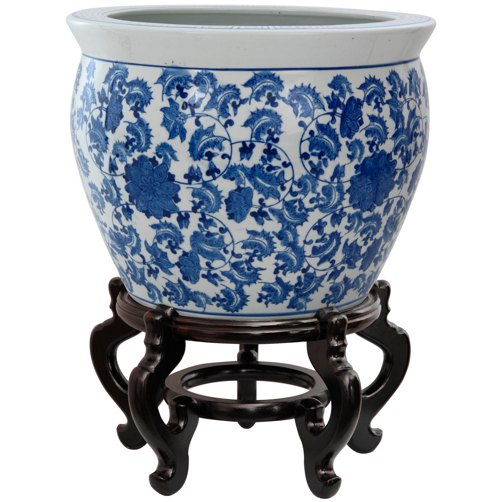 Oriental Furniture 16" Floral Blue & White Porcelain Fishbowl - image 2 of 3