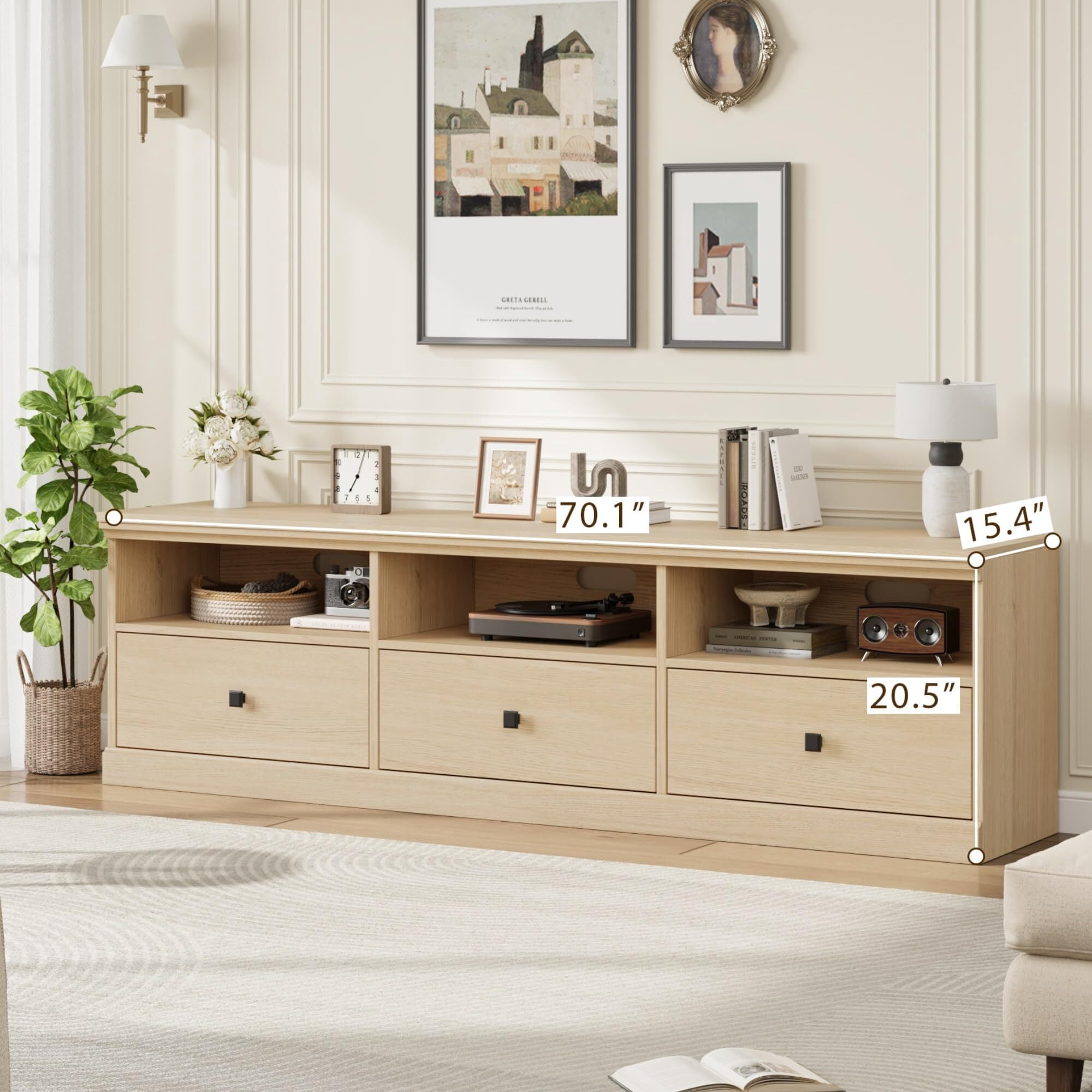 Emorefun 70 Inch Farmhouse TV Stand, Entertainment Center with Storage Drawer & Open Shelves for TVs up to 75 Inch, Light Oak