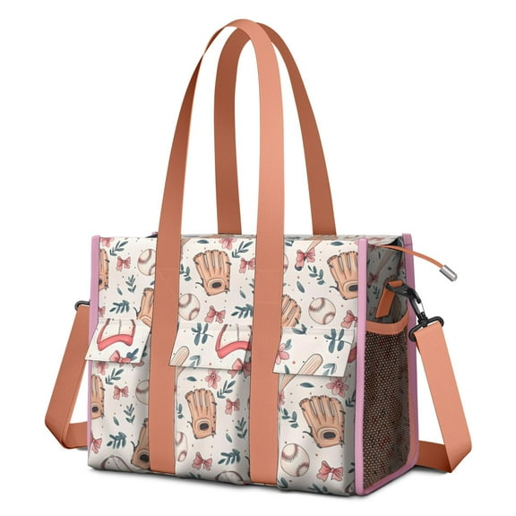 Teacher Tote Bag,Pink and Blue Baseball Items Pattern Teacher Utility Tote Bag,Large Work Tote Bags for Women with Multiple Pockets,Top Zipper Closure,13.8x10.6x6.7 Inch