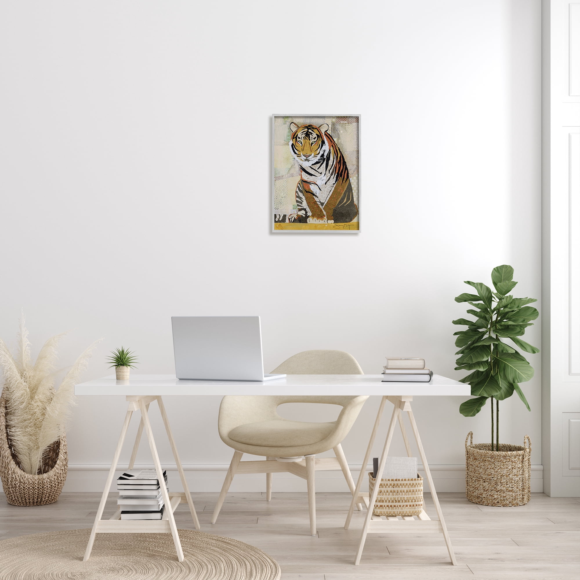 Stupell Industries Resting Jungle Tiger over Abstract Patterns Graphic Art Gray Framed Art Print Wall Art, 16x20, by Jenny McGee