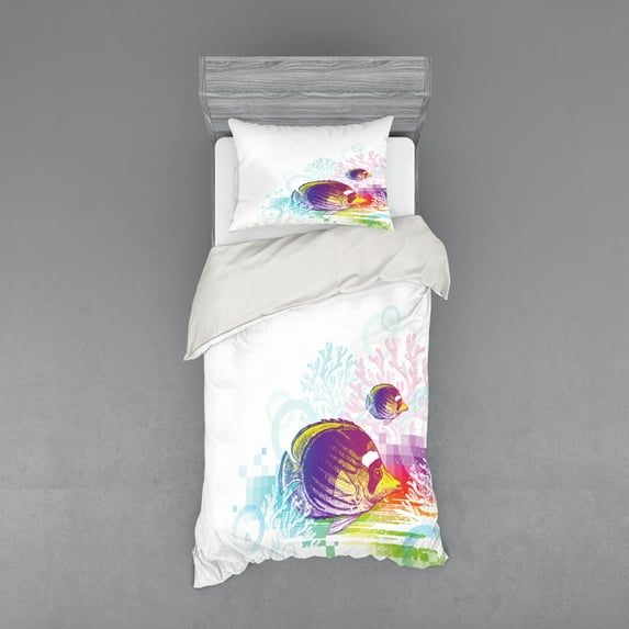 Ambesonne Cartoon Bedding Set 3 Pcs, Fish Sea Theme, Twin, Multicolor