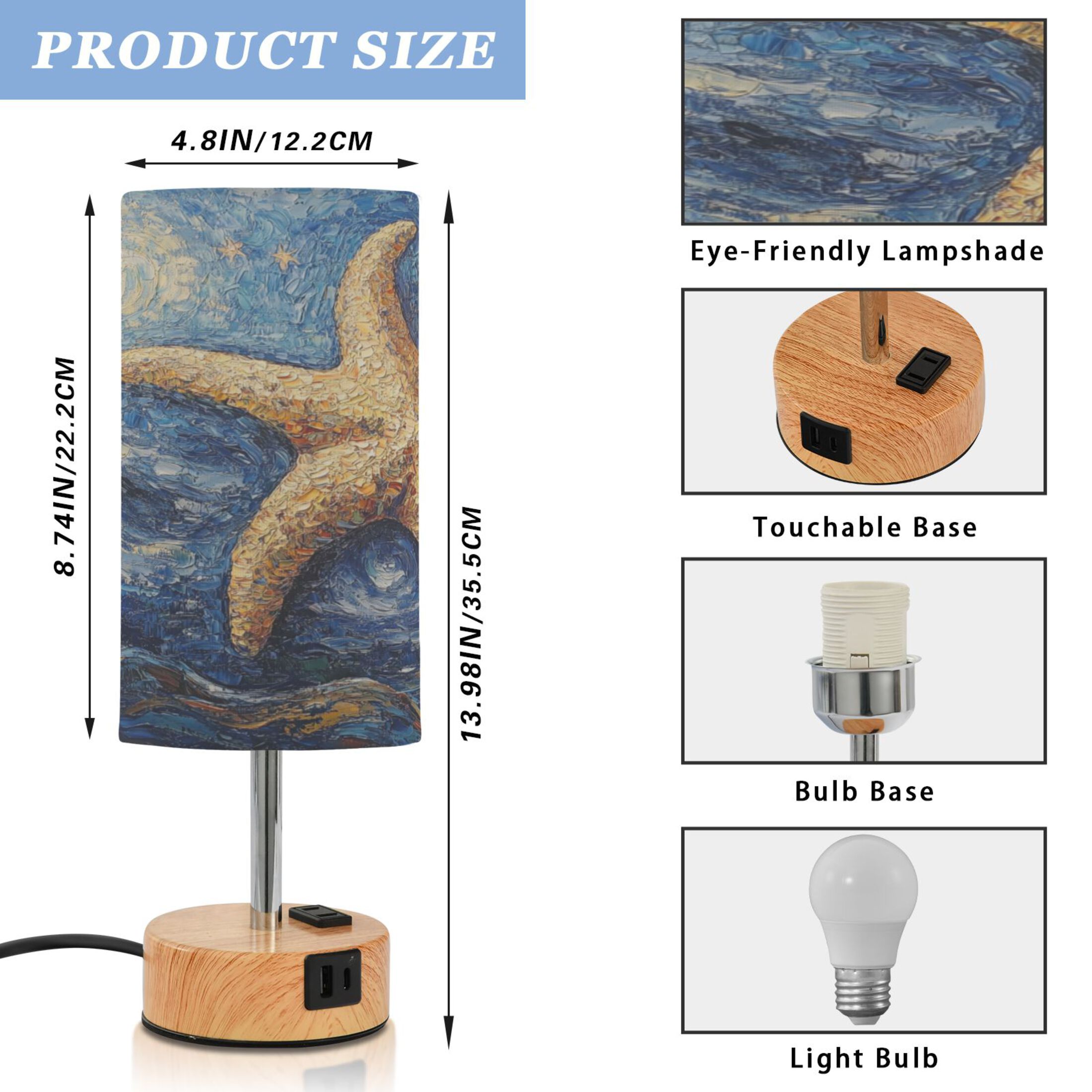 Wobogo Giant Starfish Oil Painting Bedside Lamp Touch Control Table Lamp with USB A+C Charging Ports & AC Outlet 3-Way Dimmable Nightstand Lamp with Linen Fabric Shade for Bedroom Living Room
