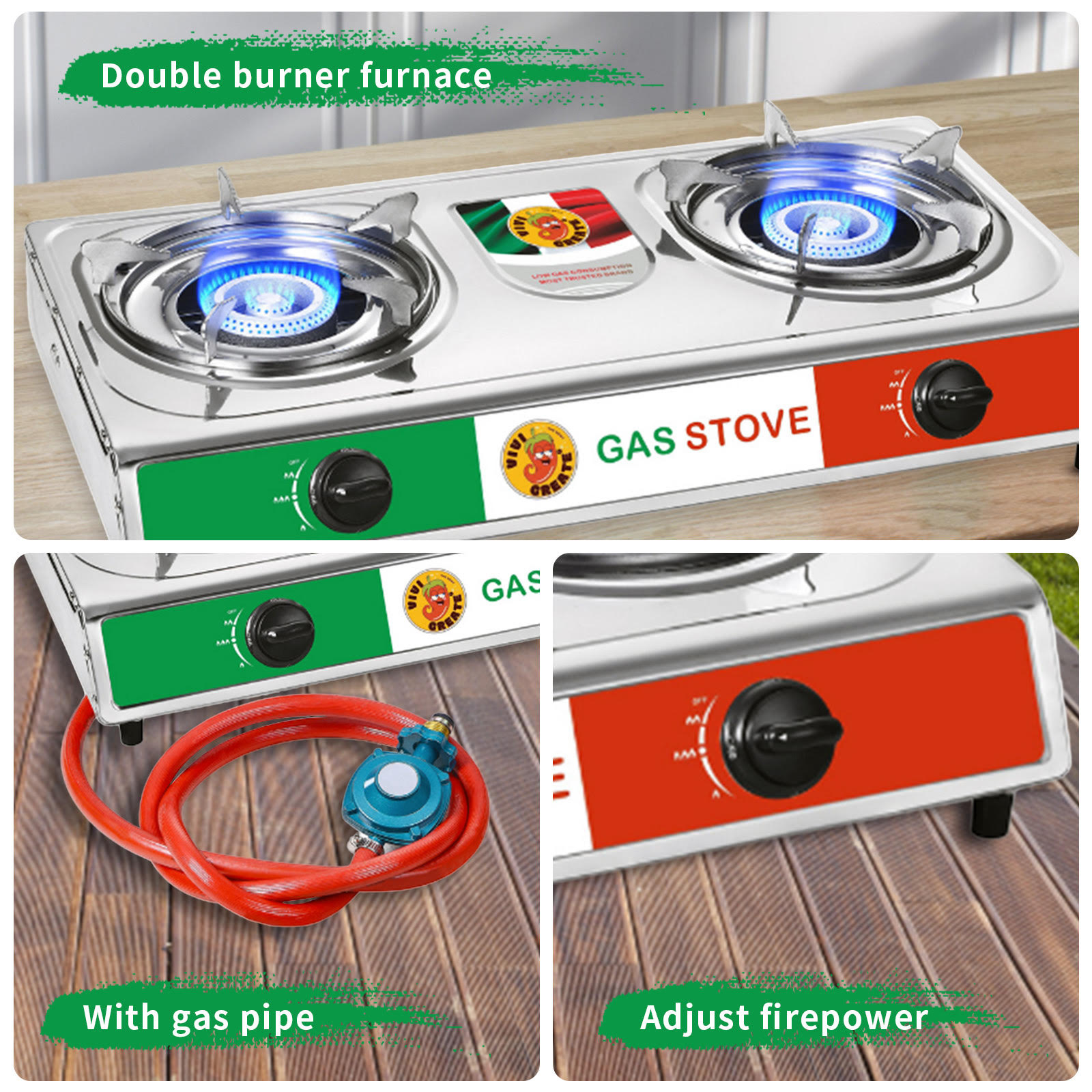 GOLDDOMUS 2 Burner Gas Propane Outdoor Cooker Camping Picnic Stove Stand BBQ Grill, Silver