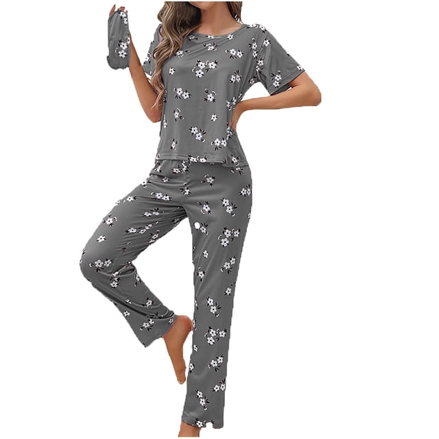 Rbaofujie Chemise de Nuit Mode Femmes Col Rond Imprimé Haut à Manches Longues Taille Élastique Pantalon Long Bandage Cache-Oeil Ensemble de Pyjama Nuisettes pour Femmes