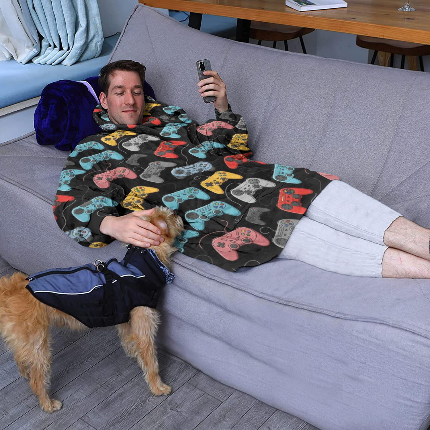 Wearable Oversized Blanket,Colorful Games Device Dark Pattern Wearable Blanket Hoodie for Adults,Cozy Hooded Blankets with Super Pockets,Super Warm Fuzzy Pullover for Women & Men
